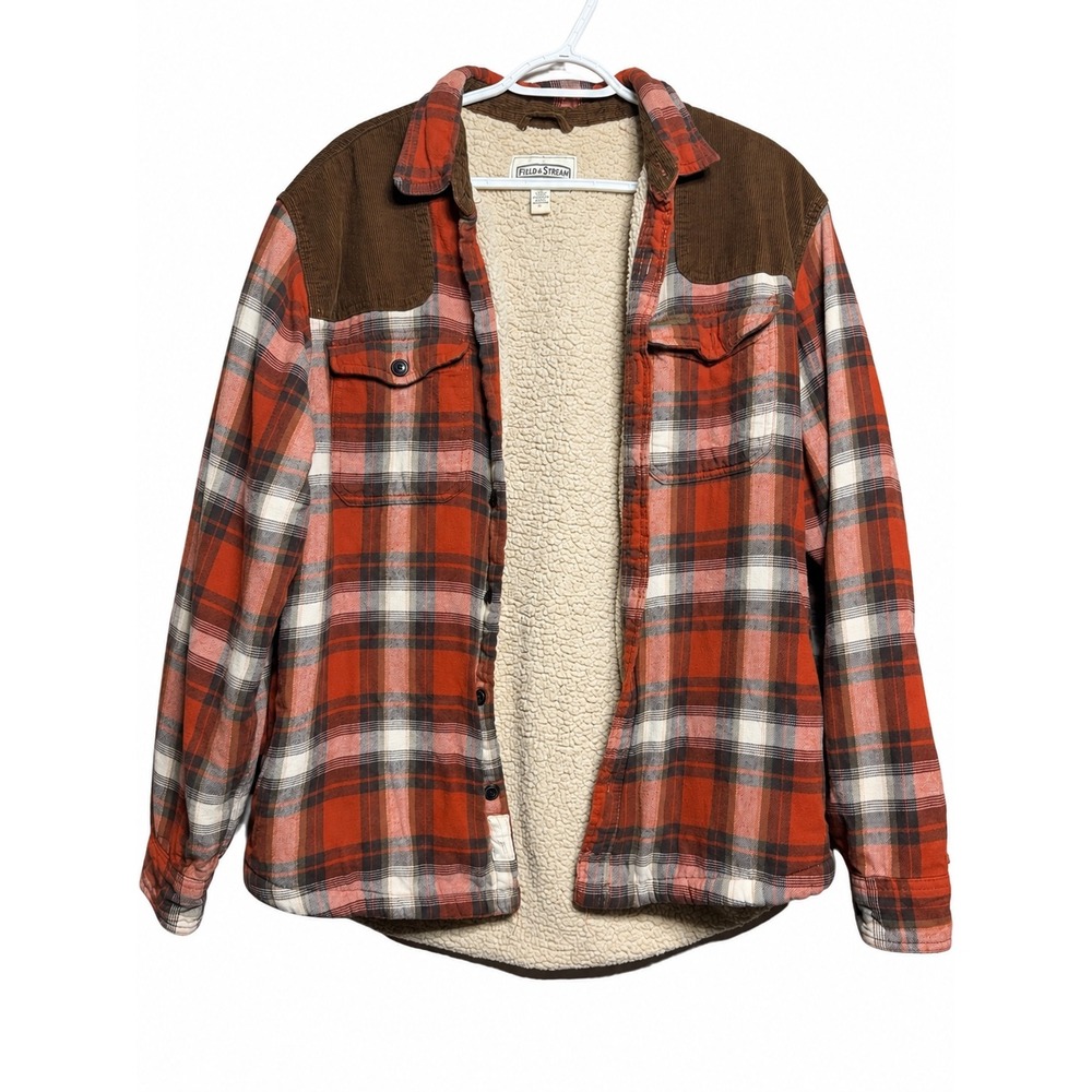 Field & Stream Mens Sherpa Lined Flannel Shirt Jacket Orange Plaid Corduroy L